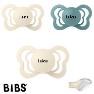 BIBS Couture Sutter med navn str2, 1 Island Sea, 2 Ivory, Anatomisk Silikone, Pakke med 3 su
